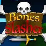 Koponyát és keresztbe tett csontokat ábrázoló kép, középen Bones Slasher felirattal, alul kard grafikájával