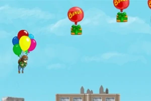 Egy figura látható léggömbökkel a kezében, sokszínű ballonok között lebegve a kék égen, alatta városi épületek