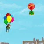 Egy figura látható léggömbökkel a kezében, sokszínű ballonok között lebegve a kék égen, alatta városi épületek
