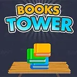 Egy sötét háttér előtt Books Tower felirat és alatta egy asztalon egymásra helyezett színes könyvek láthatók