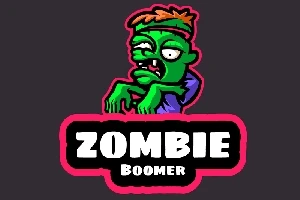 Rajzolt zöld zombi narancssárga hajjal és lilás ruhával, rózsaszín keretben, ZOMBIE BOOMER felirattal