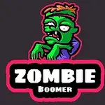 Rajzolt zöld zombi narancssárga hajjal és lilás ruhával, rózsaszín keretben, ZOMBIE BOOMER felirattal