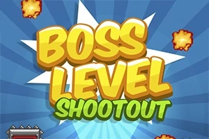 Színes, rajzfilmszerű grafika Boss Level Shootout felirattal, robbanásokat ábrázoló elemekkel a háttérben