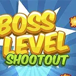 Színes, rajzfilmszerű grafika Boss Level Shootout felirattal, robbanásokat ábrázoló elemekkel a háttérben