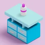 Egy kék színű, fiókokkal ellátott komódszerű bútordarab, amelyen egy fehér-kék-lila színű üveg található