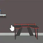 Egy modern, üres íróasztal vörös-fekete gamer székkel és polccal, amelyen egy palack található