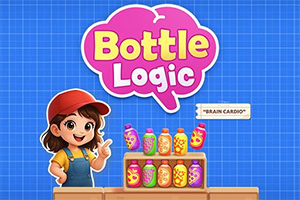 Rajzolt kislány piros sapkában színes mintás palackok mellett, kék rácsos háttérrel és „Bottle Logic felirattal
