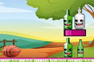 Bottle Shooter Zöld és átlátszó üvegek mosolygó arcokkal, zöld padon egy fa alatt, színes tájháttérrel és kosárlabdával az előtérben