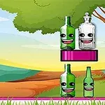 Bottle Shooter Zöld és átlátszó üvegek mosolygó arcokkal, zöld padon egy fa alatt, színes tájháttérrel és kosárlabdával az előtérben