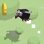 Egy fekete madár pixeles ábrázolásban repül egy arany érme felé zöld háttérrel