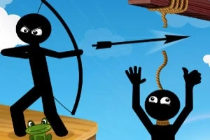 Egy pálcikaember íjjal próbál nyilat lőni egy kötélen lógó másik pálcikaember felé