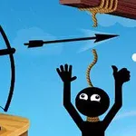 Egy pálcikaember íjjal próbál nyilat lőni egy kötélen lógó másik pálcikaember felé