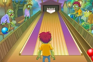 Zöld zombik egy bowling pályán egy piros hajú figura körül, aki a tekegolyók felé néz