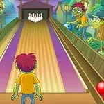 Zöld zombik egy bowling pályán egy piros hajú figura körül, aki a tekegolyók felé néz