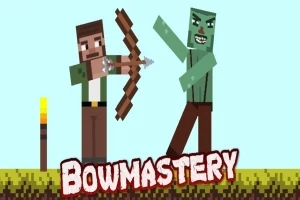 Egy pixeles stílusú figura íjat tart, miközben egy zöld, zombiszerű lény támad rá, a földön Bowmastery felirat olvasható