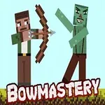 Egy pixeles stílusú figura íjat tart, miközben egy zöld, zombiszerű lény támad rá, a földön Bowmastery felirat olvasható