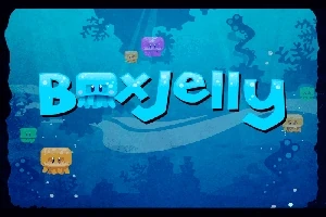 Kék háttér tenger alatti jelenettel, középen BoxJelly felirattal, körülötte színes, kocka alakú medúzákkal