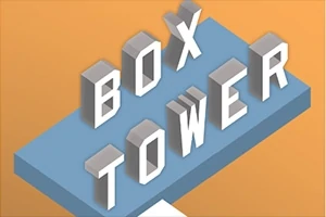 Háromdimenziós BOX TOWER felirat fehér és szürke betűkkel egy kék platformon, narancssárga háttérrel