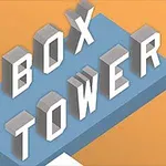 Háromdimenziós BOX TOWER felirat fehér és szürke betűkkel egy kék platformon, narancssárga háttérrel
