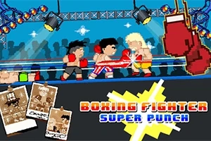 Pixel art stílusú bokszolók bunyóznak egy színes ringben, nagy piros kesztyűk és a Boxing Fighter Super Punch felirat látható