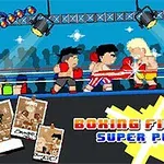 Pixel art stílusú bokszolók bunyóznak egy színes ringben, nagy piros kesztyűk és a Boxing Fighter Super Punch felirat látható