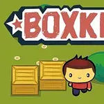 Rajzolt figura dobozokkal és bokrokkal, az alján a BOXKID felirat