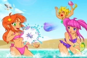 Három vidám, színes ruhás anime stílusú lány vízi lufi csatát vív a tengerparton, háttérben kék ég és homokos part