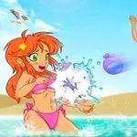 Három vidám, színes ruhás anime stílusú lány vízi lufi csatát vív a tengerparton, háttérben kék ég és homokos part