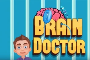 Egy animált karakter és agy grafika sárga Brain Doctor felirattal kék háttér előtt