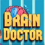 Egy animált karakter és agy grafika sárga Brain Doctor felirattal kék háttér előtt