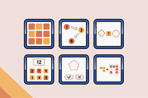 Hat képes mező mutat logikai és matematikai feladványokat különböző ábrákkal és szimbólumokkal