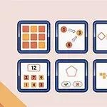 Hat képes mező mutat logikai és matematikai feladványokat különböző ábrákkal és szimbólumokkal