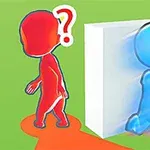 Két színes figura, egy piros és egy kék, egy fehér fal mellett, a piros figura feje fölött kérdőjellel