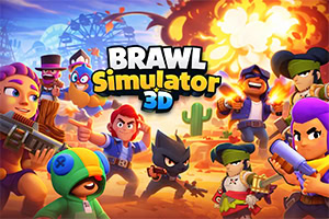 Színes, rajzolt akciójelenet robbanásokkal és sivatagi háttérrel, több fegyveres és jelmezes karakterrel, középen nagy „BRAWL Simulator 3D felirattal