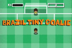 Két rajzfilmszerű karakter egy focipályán, egyikük kapusként áll a kapu előtt, és a Brazil Tiny Goalie felirat jelenik meg középen