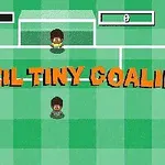 Két rajzfilmszerű karakter egy focipályán, egyikük kapusként áll a kapu előtt, és a Brazil Tiny Goalie felirat jelenik meg középen
