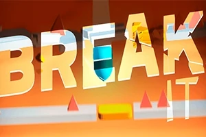 A képen narancssárga háttér előtt a BREAK IT felirat látható, geometriai formákkal és színes elemekkel kombinálva