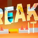 A képen narancssárga háttér előtt a BREAK IT felirat látható, geometriai formákkal és színes elemekkel kombinálva