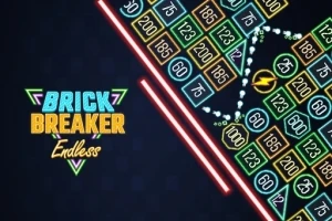 Színes fénycsövekkel körülvett, különböző számokat tartalmazó téglalapok egy dőlt pályán, bal oldalon a Brick Breaker Endless felirattal