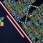 Színes fénycsövekkel körülvett, különböző számokat tartalmazó téglalapok egy dőlt pályán, bal oldalon a Brick Breaker Endless felirattal