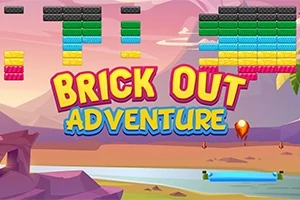 Színes téglák és Brick Out Adventure felirat egy rajzolt tájkép előtt, ahol egy kék színű ütő és egy piros labda is látható