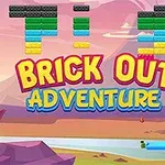 Színes téglák és Brick Out Adventure felirat egy rajzolt tájkép előtt, ahol egy kék színű ütő és egy piros labda is látható