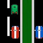 Pixelgrafikus autók versenyeznek kétsávos úton füves elválasztóval