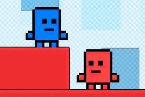 Két színes, pixeles figura, kék és piros, egy egyszerű platformon