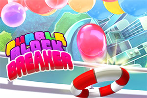 Színes lufik úsznak a levegőben egy piros-fehér úszógumi és a Bubble Block Breaker felirat előtt