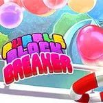 Színes lufik úsznak a levegőben egy piros-fehér úszógumi és a Bubble Block Breaker felirat előtt