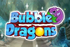 A kép közepén a Bubble Dragons felirat látható, amelyet egy kis lila sárkányfigura és egy sárga golyó egészít ki, háttérben barlangi környezet