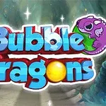 A kép közepén a Bubble Dragons felirat látható, amelyet egy kis lila sárkányfigura és egy sárga golyó egészít ki, háttérben barlangi környezet