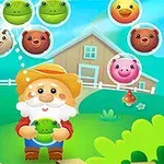 Vidám rajzfilmfigura szakállas farmerrel, állatokat ábrázoló színes buborékok és farmház a háttérben