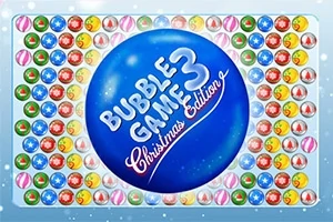 Színes karácsonyi témájú buborékok vesznek körül egy nagy kék buborékot, amelyen a „Bubble Game 3 Christmas Edition” felirat látható